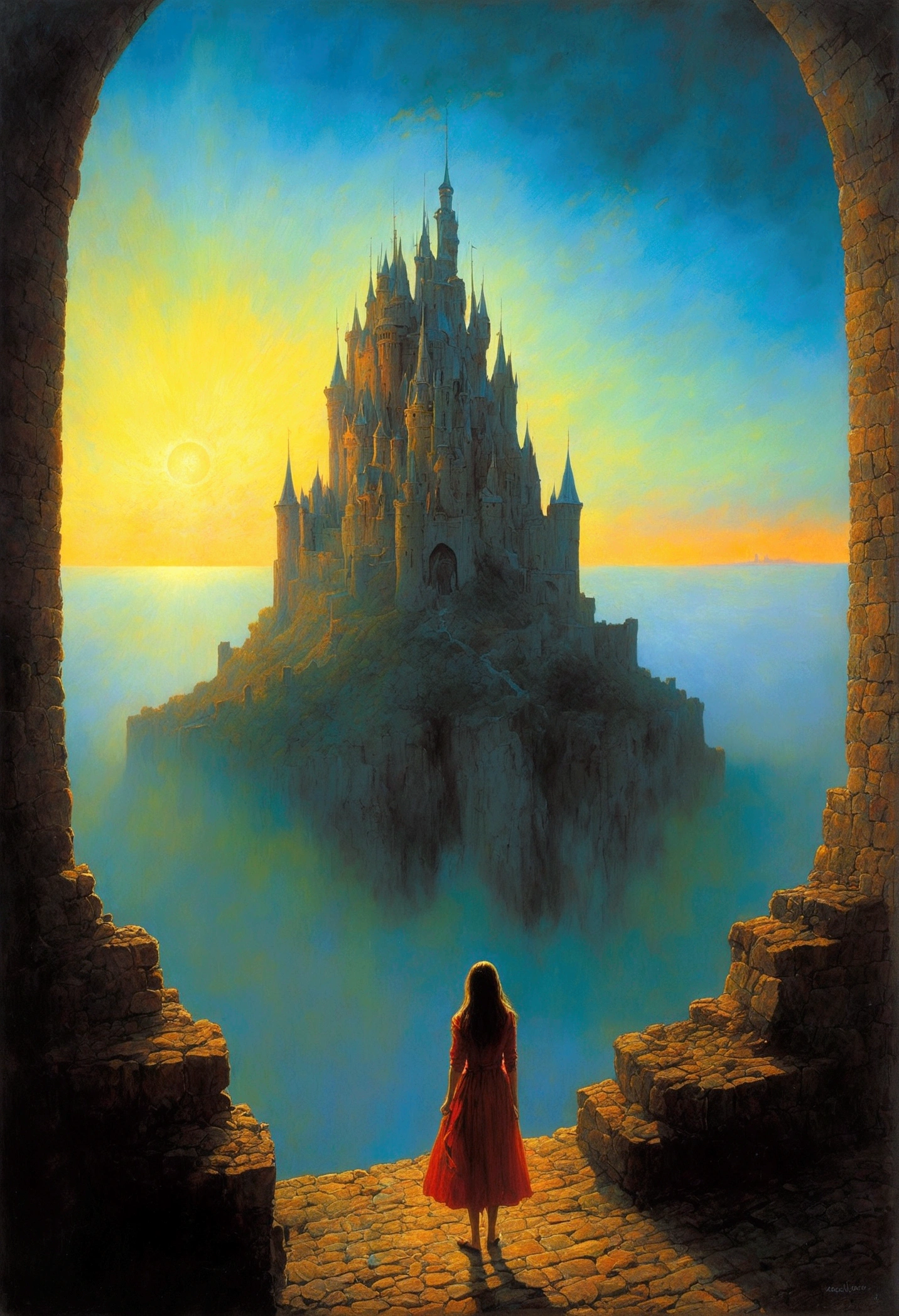 author：Zdzislaw Beksiński、Big Eye in the Sky、girl、Huge castle