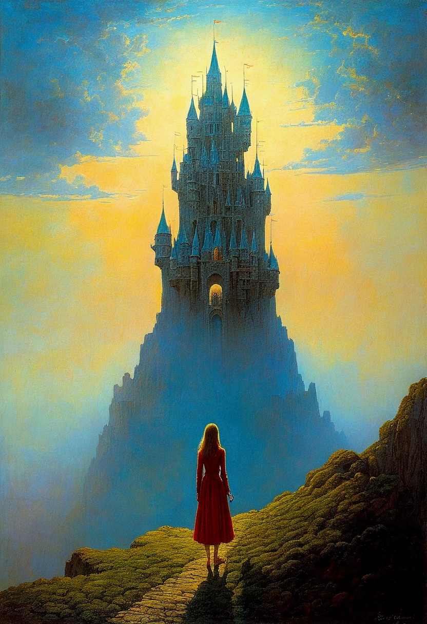author：Zdzislaw Beksiński、Big Eye in the Sky、girl、Huge castle