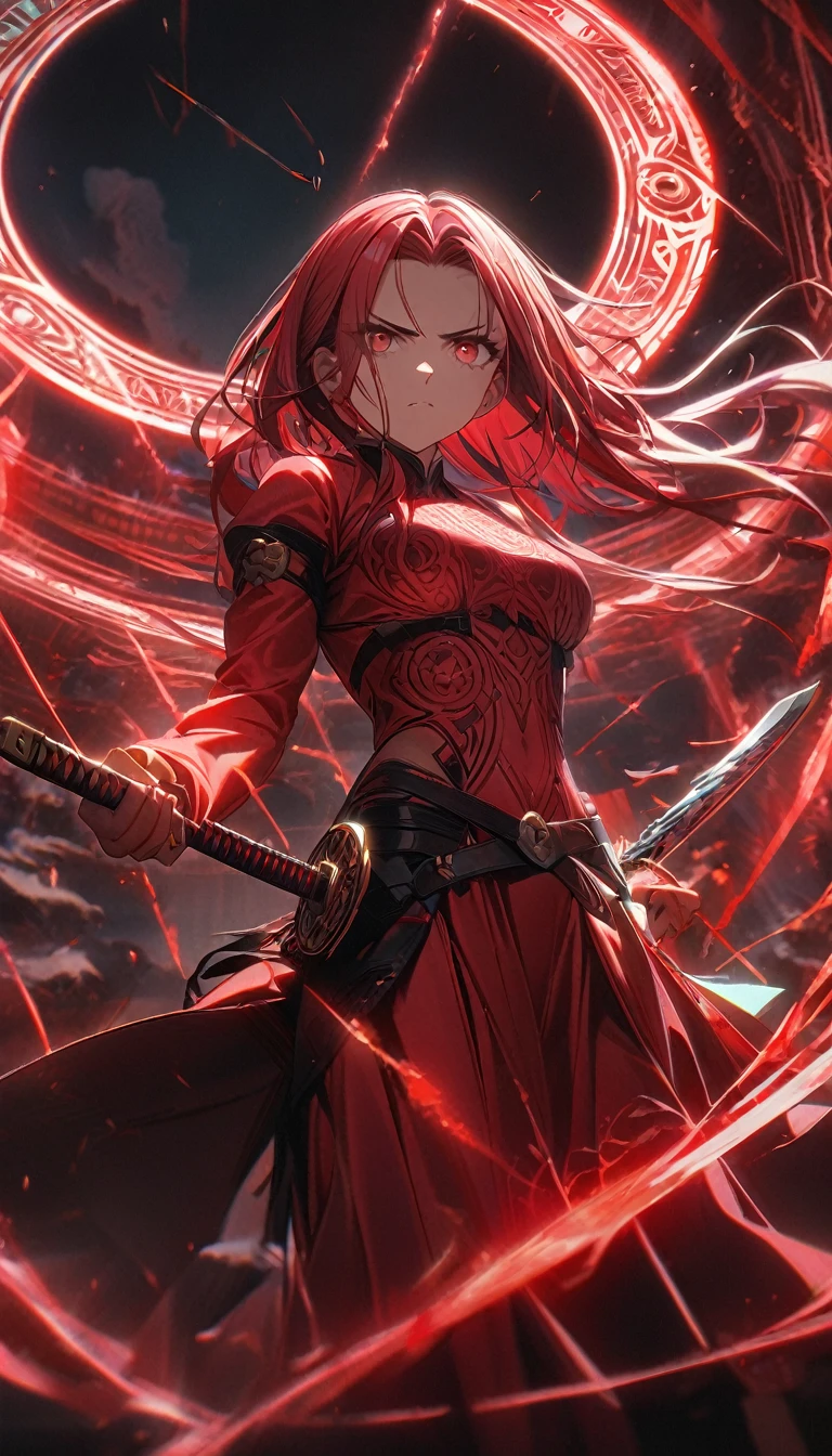 1girl,red curtain hair forehead,glowing katana,red glowing eldritch magic circle, serious,calm perfect body,8k,high definition,