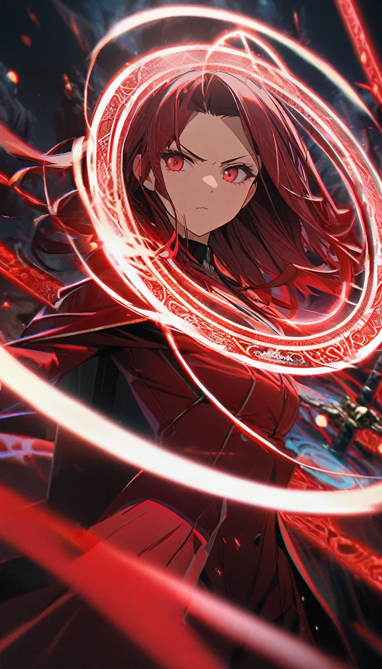 1girl,red curtain hair forehead,glowing katana,red glowing eldritch magic circle, serious,calm perfect body,8k,high definition,