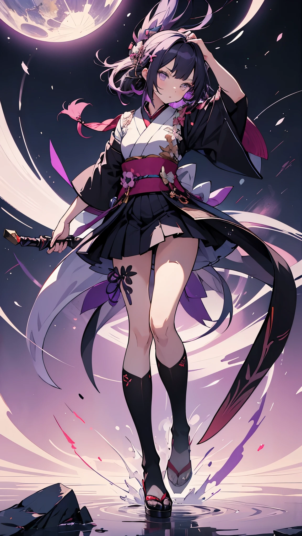 skinny girl, ultra high definition, very detailed, shuriken, shot, Half-tied hair, whole body, traditional Japanese outfit, short skirt, 23 years old, destroyed planet background, two tone hair (black, purple), Cheng'an, beautiful eyes, Adult, holding a weapon