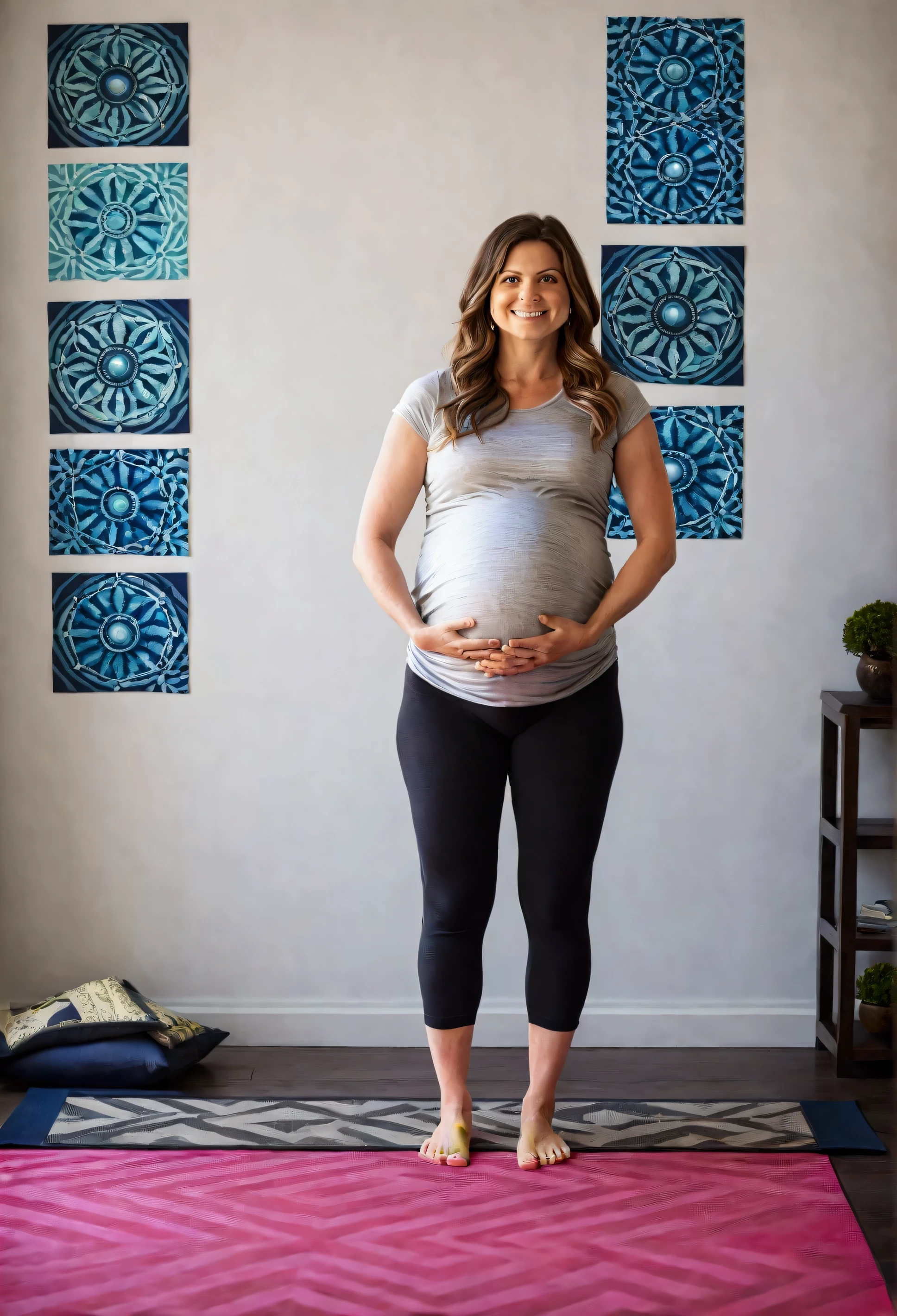 Project Title: Image Series - Steps to Mountain Pose (Tadasana) in Prenatal Yoga
I need a series of 5 images that explain step by step how to perform the mountain pose (Tadasana) in prenatal yoga. Each image must be clear and precise, showing a young adult model at each stage of the process. The model should look like she is taking photos for a prenatal yoga ebook digital product, in a quiet environment at home. The style should be relaxing and professional, with soft colors and a minimalist background.
Step 1: Starting Position
Description: Stand with your feet together or slightly apart, distributing your weight evenly.
Visual Cues: Show a young, pregnant woman standing with her feet together or slightly apart, looking directly at the camera. Calm background at home, minimalist.