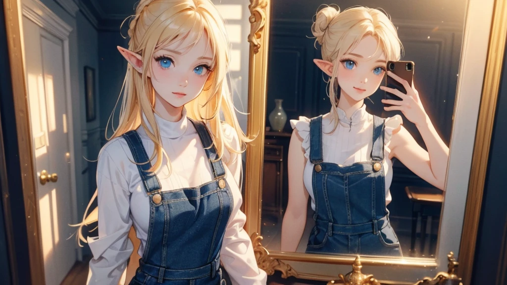 work of art, epic details, ultra detaild, high resolution, blonder woman, beautiful elf, hair tied into an elegant bun, angelic face with soft features, slim body, wearing denim overalls and a fitted black tank top, delicate and well-defined hands, expression of happiness, big friendly and simple smile, Scenario: a bright room, supper: taking a photo in front of the mirror, no mistakes, epic details no rosto, large, expressive eyes, modest and elegant behavior
