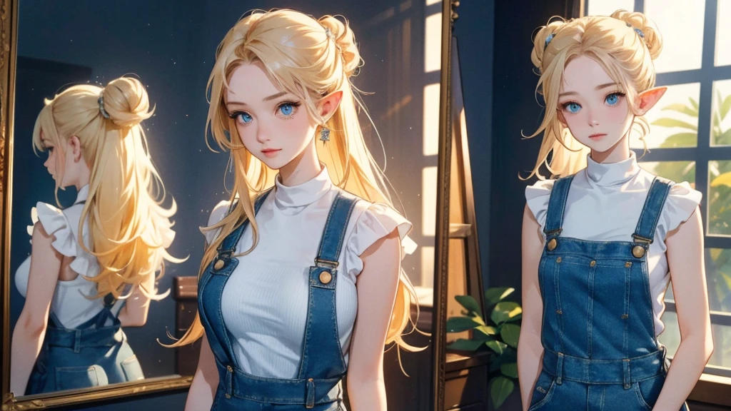 work of art, epic details, ultra detaild, high resolution, blonder woman, beautiful elf, hair tied into an elegant bun, angelic face with soft features, slim body, wearing denim overalls and a fitted black tank top, delicate and well-defined hands, expression of happiness, big friendly and simple smile, Scenario: a bright room, supper: taking a photo in front of the mirror, no mistakes, epic details no rosto, large, expressive eyes, modest and elegant behavior