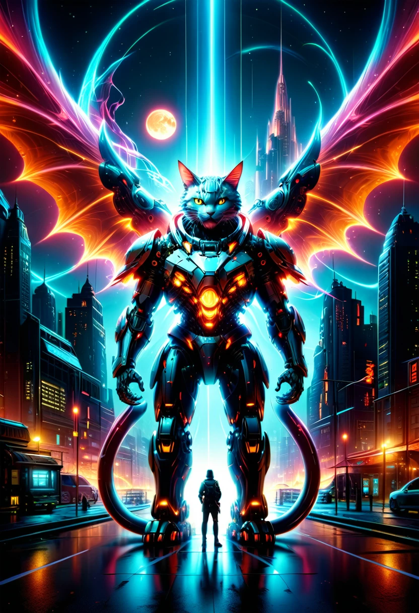 (Giant cat bigger than a building appears:1.2), (Mechanical Giant Cat:1.5), (Mythical Machinery), (Mechanobiology), charming, fluorescence, mysterious, bright colors, bright colors, ethereal, phantom, transparent, bioluminescence, Divine Light, Detailed details, lifelike, Epic technological fantasy, epic surrealism, Epic future fantasy, (detailed background), detailed landscape, soft shaded, light sparkles, cloudless sky, (red full moon), mysterious and fantastic, cyberpunk city,
