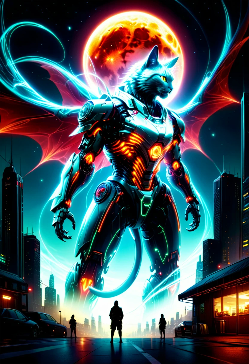 (Giant cat bigger than a building appears:1.2), (Mechanical Giant Cat:1.5), (Mythical Machinery), (Mechanobiology), charming, fluorescence, mysterious, bright colors, bright colors, ethereal, phantom, transparent, bioluminescence, Divine Light, Detailed details, lifelike, Epic technological fantasy, epic surrealism, Epic future fantasy, (detailed background), detailed landscape, soft shaded, light sparkles, cloudless sky, (red full moon), mysterious and fantastic, cyberpunk city,