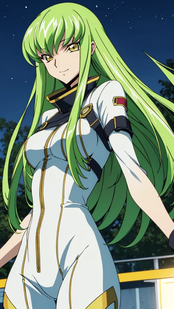 Score_9, score_8, score_7, code Geass_anime, C.C., lime hair and gold eyes, long hair, white bodysuits, smile, cute, park, night, best quality, masterpiece+