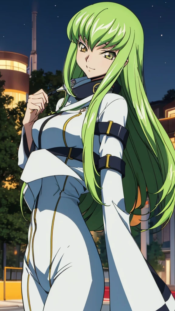 Score_9, score_8, score_7, code Geass_anime, C.C., lime hair and gold eyes, long hair, white bodysuits, smile, cute, park, night, best quality, masterpiece+