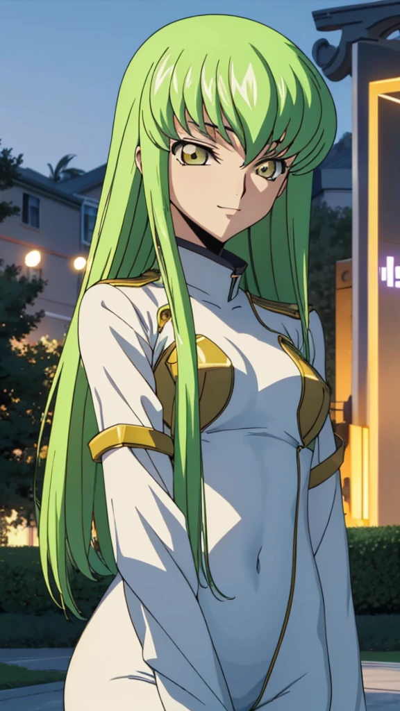 Score_9, score_8, score_7, code Geass_anime, C.C., lime hair and gold eyes, long hair, white bodysuits, smile, cute, park, night, best quality, masterpiece+