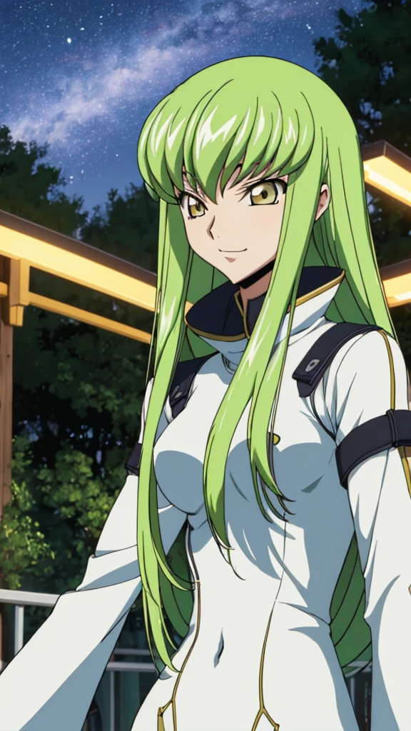 Score_9, score_8, score_7, code Geass_anime, C.C., lime hair and gold eyes, long hair, white bodysuits, smile, cute, park, night, best quality, masterpiece+