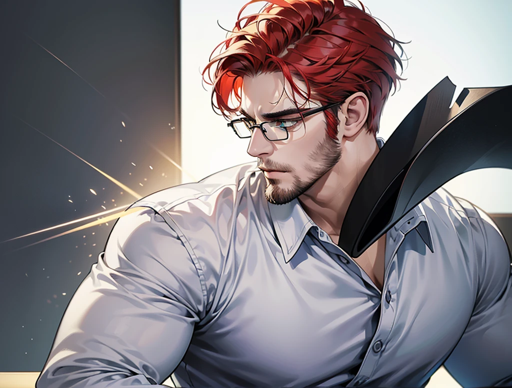 ((profile pic)), (best quality detailed image beautiful image 8K photorealistic dramatic lighting 1:1) (digital art digital illustration) (camera focused on face) (cold colors dim lighting) Art Manhwa 29 year old cold man very handsome red hair in back gel style, elegant clothes light green eyes (piercing gaze cold expression perfect face perfect lines) Teacher, university, Classroom, ((black glasses)), handsome teacher, Serious and cold look, ((Male square face)), short beard, Sweater and smart white closed dress shirt, Lonely, Thick masculine nose, ((light beard)), everything perfectly put on, ((hair perfectly combed))