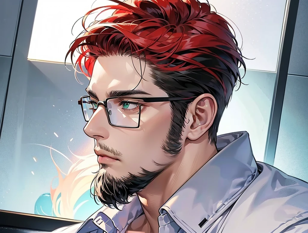 ((profile pic)), (best quality detailed image beautiful image 8K photorealistic dramatic lighting 1:1) (digital art digital illustration) (camera focused on face) (cold colors dim lighting) Art Manhwa 29 year old cold man very handsome red hair in back gel style, elegant clothes light green eyes (piercing gaze cold expression perfect face perfect lines) Teacher, university, Classroom, ((black glasses)), handsome teacher, Serious and cold look, ((Male square face)), short beard, Sweater and smart white closed dress shirt, Lonely, Thick masculine nose, ((light beard)), everything perfectly put on, ((hair perfectly combed))