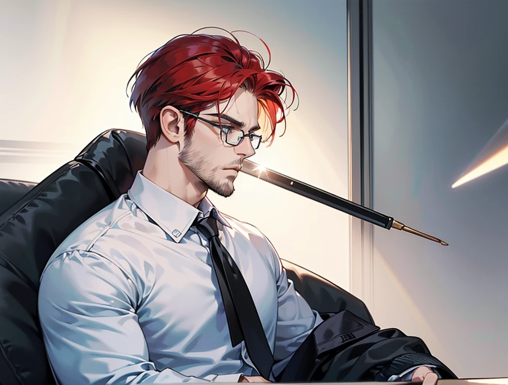 ((profile pic)), (best quality detailed image beautiful image 8K photorealistic dramatic lighting 1:1) (digital art digital illustration) (camera focused on face) (cold colors dim lighting) Art Manhwa 29 year old cold man very handsome red hair in back gel style, elegant clothes light green eyes (piercing gaze cold expression perfect face perfect lines) Teacher, university, Classroom, ((black glasses)), handsome teacher, Serious and cold look, ((Male square face)), short beard, Sweater and smart white closed dress shirt, Lonely, Thick masculine nose, ((light beard)), everything perfectly put on, ((hair perfectly combed))