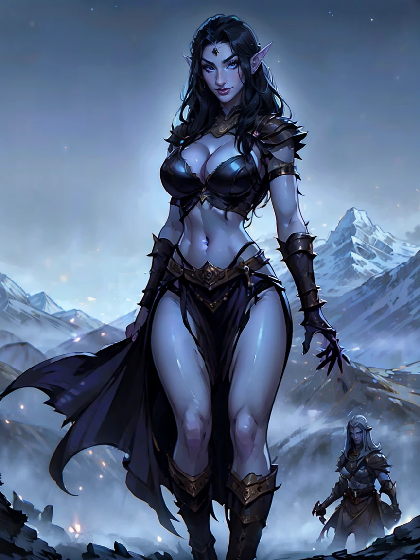 (masterpiece, top quality, best quality, official art, beautiful and aesthetic:1.2), (1girl:1.3), ((Sharp facial features, sharp features, hawkish features)), ((big hair, long elf ears, long black hair)), (((pale purple skin, pale blue skin, blue skin, purple skin))), big tits dark elf girl, extremely detailed, portrait, looking at viewer, solo, (full body:0.6), detailed background, full-body shot, (cold night mountain theme:1.1), dark elf war dancer, (spiky winged helmet), charlatan, smirk, mysterious, swaying in mountains, skimpy attire, revealing gladiatrix costume, ebony metal, gold filigree, long boots, dual knives, blood red fabric, pelvic curtain, loincloth, black leather, ((((cleavage, skindentation, long legs, pelvic curtain)))), cute belly button, toned tummy, slim waist, slim hips, long legs, medieval (mountain exterior:1.1) background, dark mysterious lighting, shadows, magical atmosphere, dutch angle