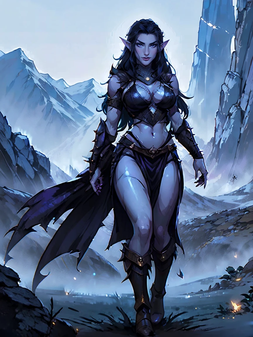 (masterpiece, top quality, best quality, official art, beautiful and aesthetic:1.2), (1girl:1.3), ((Sharp facial features, sharp features, hawkish features)), ((big hair, long elf ears, long black hair)), (((pale purple skin, pale blue skin, blue skin, purple skin))), big tits dark elf girl, extremely detailed, portrait, looking at viewer, solo, (full body:0.6), detailed background, full-body shot, (cold night mountain theme:1.1), dark elf war dancer, (spiky winged helmet), charlatan, smirk, mysterious, swaying in mountains, skimpy attire, revealing gladiatrix costume, ebony metal, gold filigree, long boots, dual knives, blood red fabric, pelvic curtain, loincloth, black leather, ((((cleavage, skindentation, long legs, pelvic curtain)))), cute belly button, toned tummy, slim waist, slim hips, long legs, medieval (mountain exterior:1.1) background, dark mysterious lighting, shadows, magical atmosphere, dutch angle