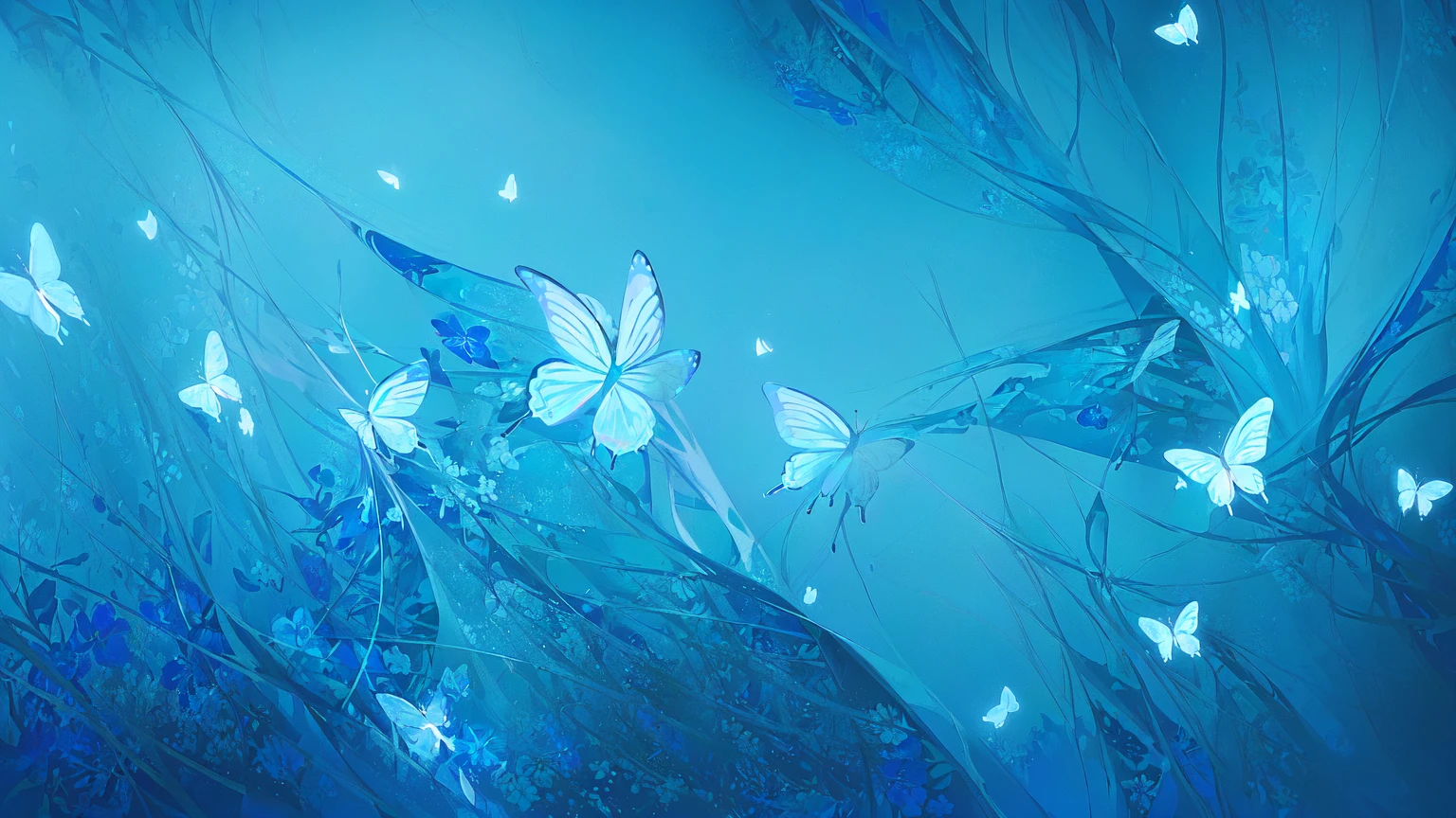 painting of a blue background with white flowers and butterflies, blue backgroung, background chaotic flowers, wallpaper art, wallpaper design, floral painted backdrop, blue background, with a blue background, flowery wallpaper, wallpaper hd, stylized background, background artwork, beautiful art uhd 4 k, blue backdrop, computer wallpaper, dreamy floral background, blue wall