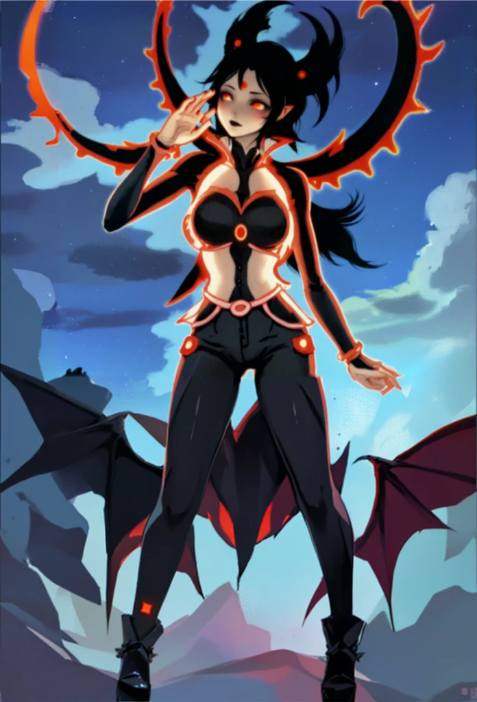 anime girl with black hair and Orange eyes in a black outfit, demon anime girl, demon girl, nezha, mika kurai demon, beautiful succubus, , succubus, infernal nymph!!!, avatar image, demoness, anime monster girl, dark goddess with six arms, giesha demon, Orange pattern, full body, standing position, black boots