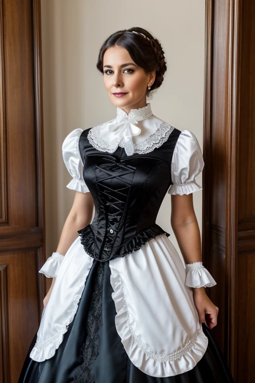 an attractive 50 yo lady with elegant makeup and fantastic hourglass figure wearing Victorian chamber maid uniform with tight bodice, high neckline, tall collar, puff sleeves and crinoline. shiny black satin and frilly white lace