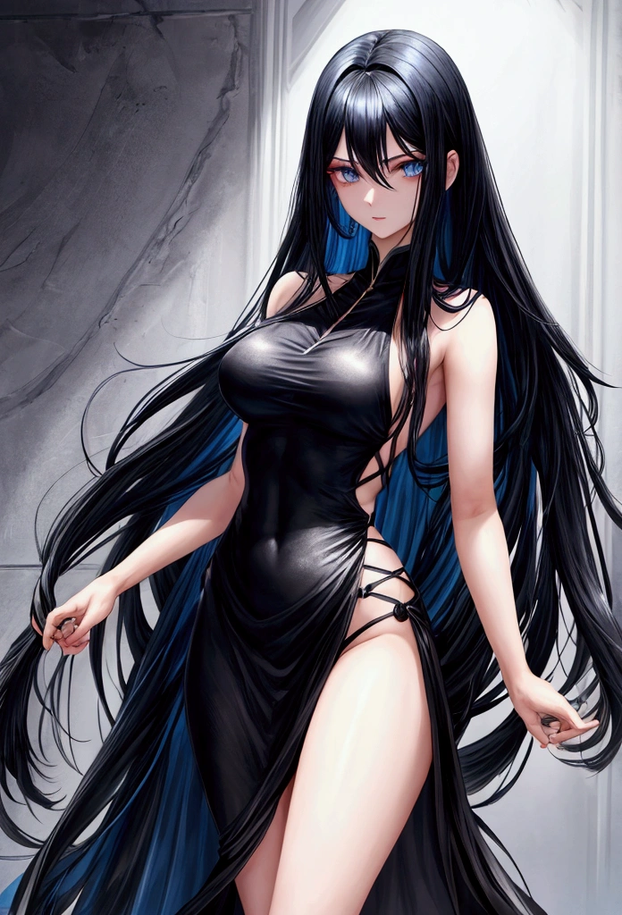 female,long black hair with inner dark blue hair, dark blue eyes,athletic body, elegant black dress,