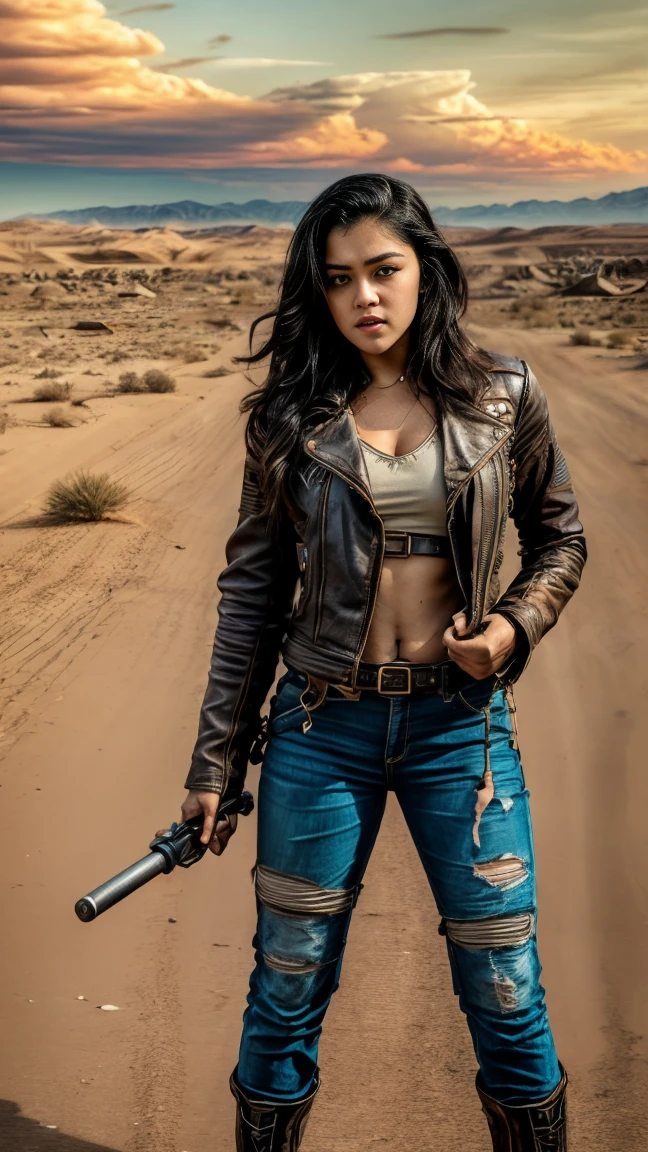 (Highest quality, Ultra HD, 16k, Masterpiece) The renowned actress Rashmika Mandanna, dressed as a character from the Mad Max universe, is standing in a desolate, post-apocalyptic desert. The shot is a medium view that captures her and the immediate surroundings. Keerthy Suresh has a rugged and determined expression, with dirt and grime accentuating her striking features. Her hair is windswept and tousled, adding to the gritty aesthetic. She is wearing a distressed leather jacket with metallic studs, straps, and patches, over a tattered tank top that reveals her fit physique. Her pants are rugged and worn, with multiple pockets and a utility belt filled with tools and weapons. She has knee-high combat boots, fingerless gloves, and protective gear strapped to her body, completing the fierce and battle-hardened look. The detailed textures and weathered appearance of her clothing and gear highlight her resilience and strength in this harsh environment. In the background, the desert stretches out under a dramatic, fiery sky filled with smoke and ash. The destruction of a huge Gastown is taking place, with towering flames, explosions, and crumbling structures, but these elements are less prominent, serving as a backdrop to emphasize her presence. The medium shot focuses on Keerthy Suresh's rugged costume, her fit physique, and her intense expression, while the background provides context without drawing attention away from her. The lighting is dramatic, with intense contrasts that emphasize the textures of her costume and her determined expression. The overall scene captures the essence of the Mad Max universe, with a focus on Keerthy Suresh's fierce character, her detailed and rugged costume, and the expansive, post-apocalyptic surroundings in the background.