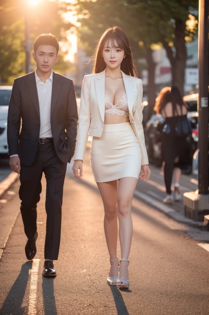 best quality, 8k, very delicate and beautiful, highly detailed face and skin texture, shiny skin, high resolution, sexy japanese girl in suit and tight skirt walking on street at sunset , full body, sharp focus