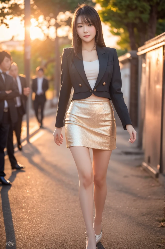 best quality, 8k, very delicate and beautiful, highly detailed face and skin texture, shiny skin, high resolution, sexy japanese girl in suit and tight skirt walking on street at sunset , full body, sharp focus