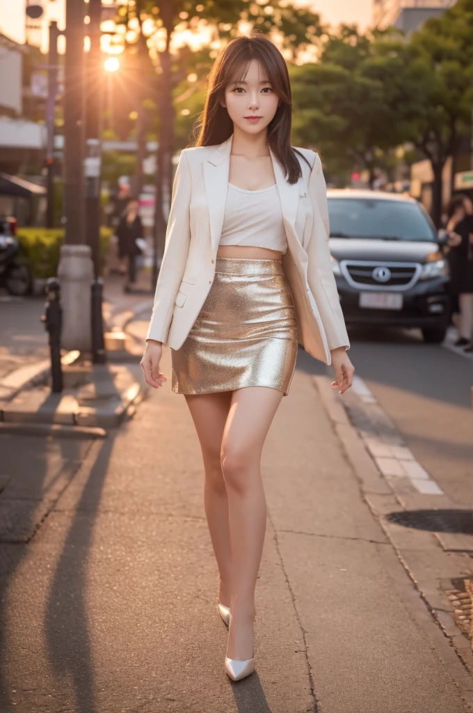 best quality, 8k, very delicate and beautiful, highly detailed face and skin texture, shiny skin, high resolution, sexy japanese girl in suit and tight skirt walking on street at sunset , full body, sharp focus