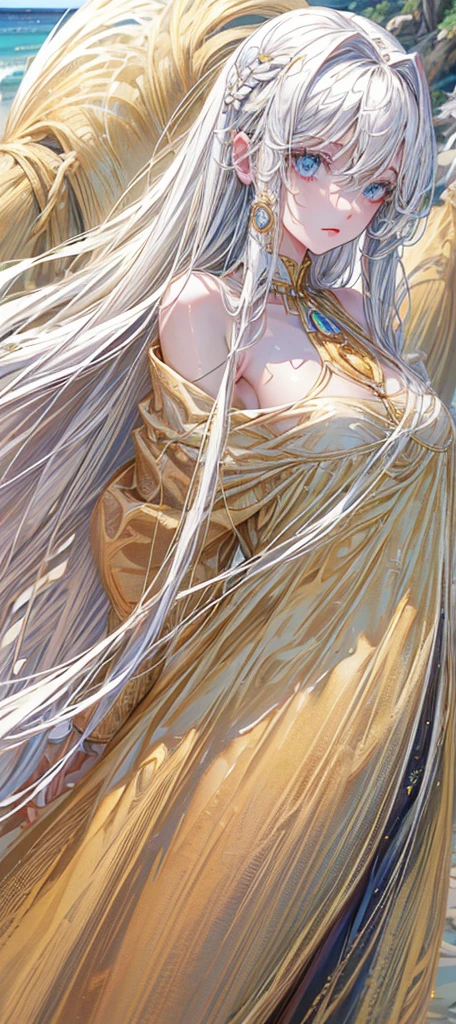 a beautiful woman with long white hair, standing on a sandy beach by the ocean, serene expression, cinematic lighting, highly detailed, oil painting, vibrant colors, dramatic atmosphere, photorealistic, (best quality,4k,8k,highres,masterpiece:1.2),ultra-detailed,(realistic,photorealistic,photo-realistic:1.37),beautiful detailed eyes,beautiful detailed lips,extremely detailed eyes and face,longeyelashes