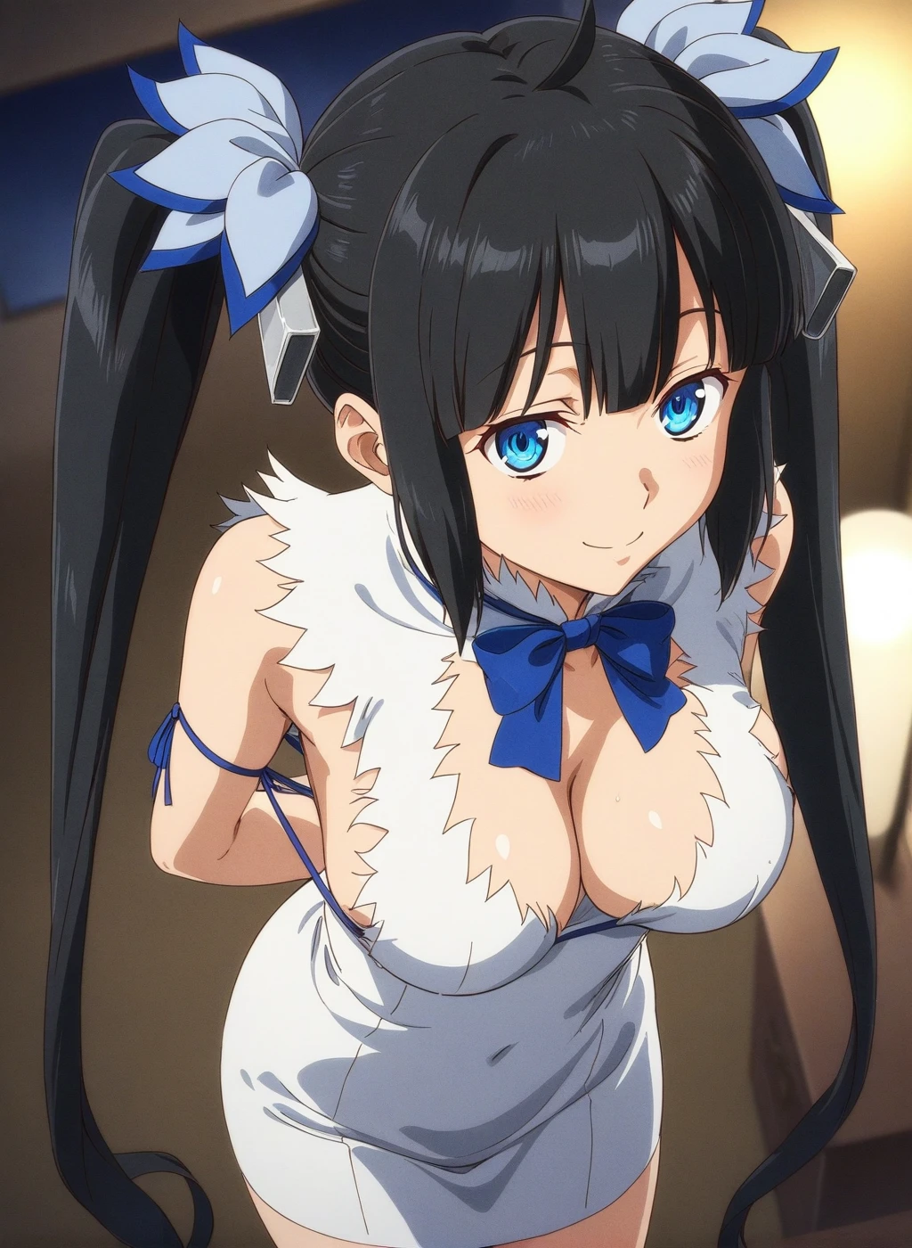 best quality, amazing quality, very aesthetic, absurdres, (1girl, hestia (danmachi),hestia \(danmachi\),long hair,blue ribbon,twintails, solo, big breasts),(gown:1.8), (smile, night, thigh:1.3), (cowboy shot), (glowing eyes), (half closed eyes:0.9), (from above0.7), (), (bent over, arms behind back:1.4), (blush:0.7), expressive eyes, perfect face, 4k, extremely detailed anime illustration, extremely detailed eyes, perfect anatomy, light rays, extremely delicate body, smooth skin, (bedroom background:1.5), clear eyes, beautiful face, smiling at viewer, (anime style:1.7), (cinematic Light:1.5), (highres:2),
