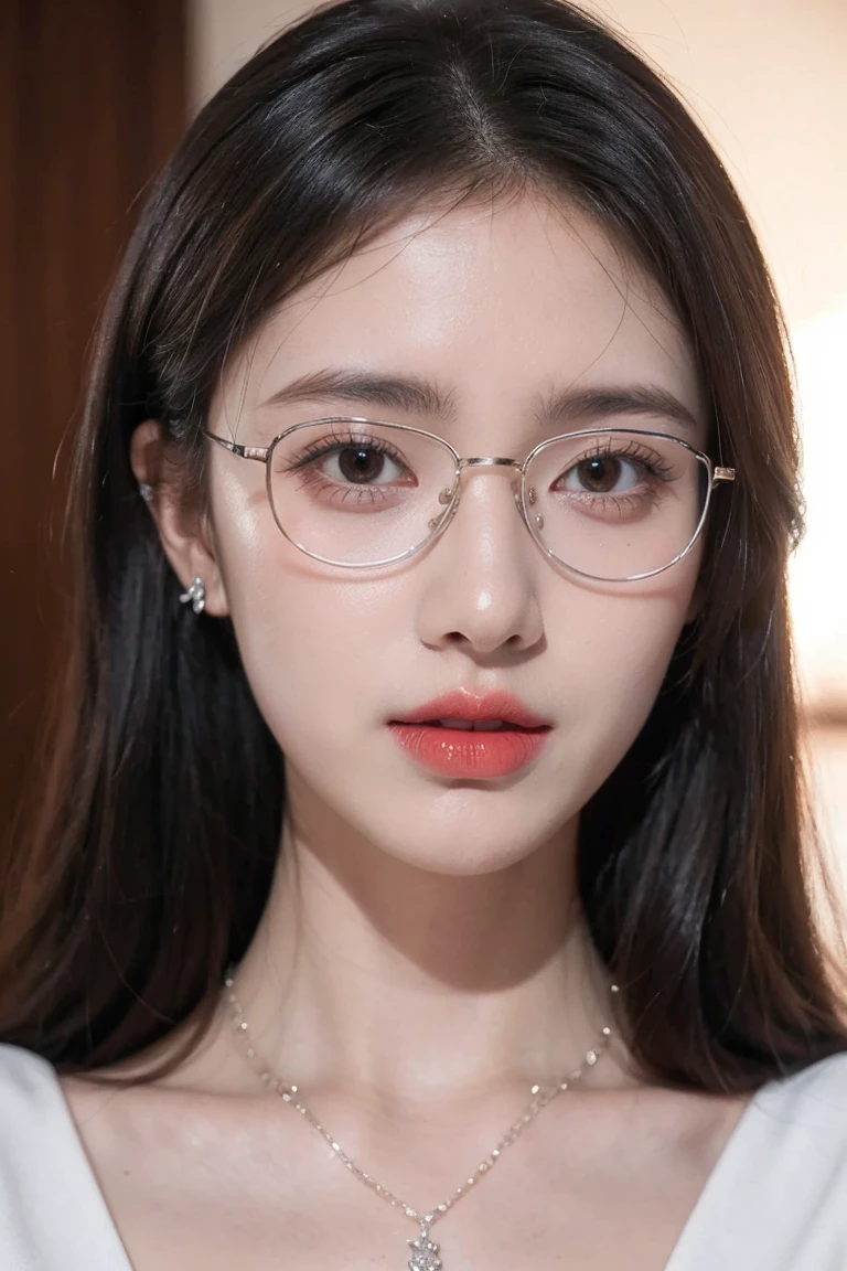 Top CG, Highest image quality, masterpiece, Gentle and beautiful girl, (185cm美女), (fit), Imperial sister, Queen temperament, White skin, Perfect facial features, Bright Eyes, Red lips, Beautiful and cold (A major breakthrough)), Beautiful and heroic, Soft and long hair, shiny, Lace, net, Visible through clear skin, wear glasses, ruby neckLace, (evening dress), 8K Image Quality, (Realistic Portraits), Characters fill the screen, (Facial lighting), ((eternal)