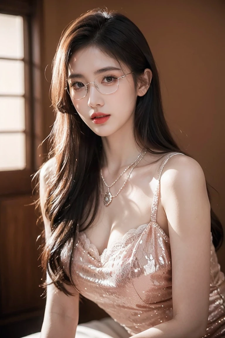 Top CG, Highest image quality, masterpiece, Gentle and beautiful girl, (185cm美女), (fit), Imperial sister, Queen temperament, White skin, Perfect facial features, Bright Eyes, Red lips, Beautiful and cold (A major breakthrough)), Beautiful and heroic, Soft and long hair, shiny, Lace, net, Visible through clear skin, wear glasses, ruby neckLace, (evening dress), 8K Image Quality, (Realistic Portraits), Characters fill the screen, (Facial lighting), ((eternal)