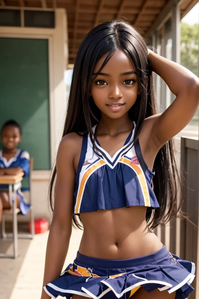 1 hot girl, dark skin, black eyes, grin, gorgeous, african, long hair, school girl, , small breasts, navel, exposing clothes, cheerleader, hand behind head, armpits, tight body