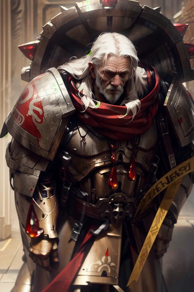 volumetric cinematic lighting, (highly detailed:1.4), digital render, smooth, sharp focus, full body 8k render, action shot, realistic reflections, cinematic composition,
dante, solo, full armor, 
close-up, upper body, portrait, helmet removed, old man, long hair, white hair, red gems, ais red, thicc boddy