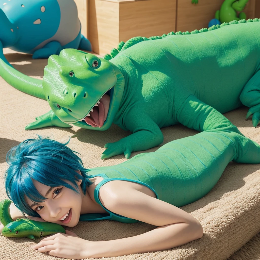 Blue-haired boy Lying down with a green dinosaur Illustration smiling, Sticking out tongue, Wide-angle shot,