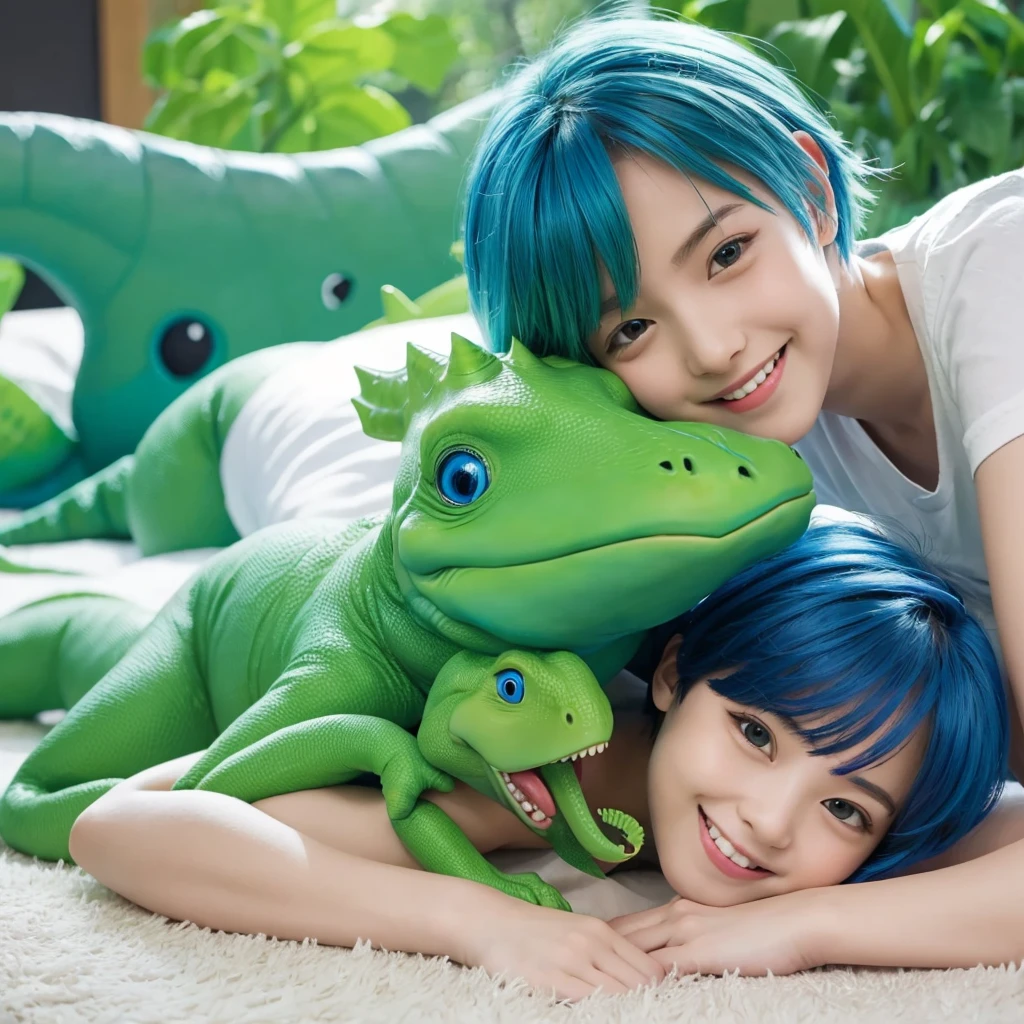 Blue-haired boy　Lying down with a green dinosaur　Illustration smiling, Sticking out tongue, Wide-angle shot, 