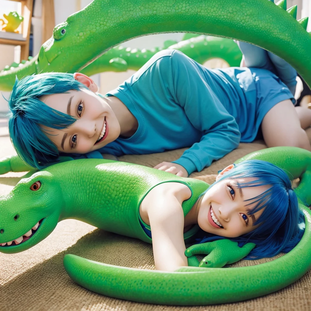 Blue-haired boy　Lying down with a green dinosaur　Illustration smiling, Sticking out tongue, Wide-angle shot, 