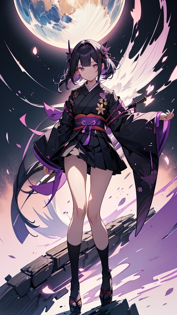 skinny girl, ultra high definition, very detailed, shuriken, shot, Half-tied hair, whole body, traditional Japanese outfit, short skirt, 23 years old, destroyed planet background, two tone hair (black, purple), Cheng'an, beautiful eyes, Adult, holding a weapon