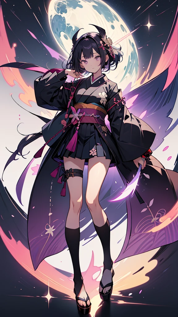 skinny girl, ultra high definition, very detailed, shuriken, shot, Half-tied hair, whole body, traditional Japanese outfit, short skirt, 23 years old, destroyed planet background, two tone hair (black, purple), Cheng'an, beautiful eyes, Adult, holding a weapon