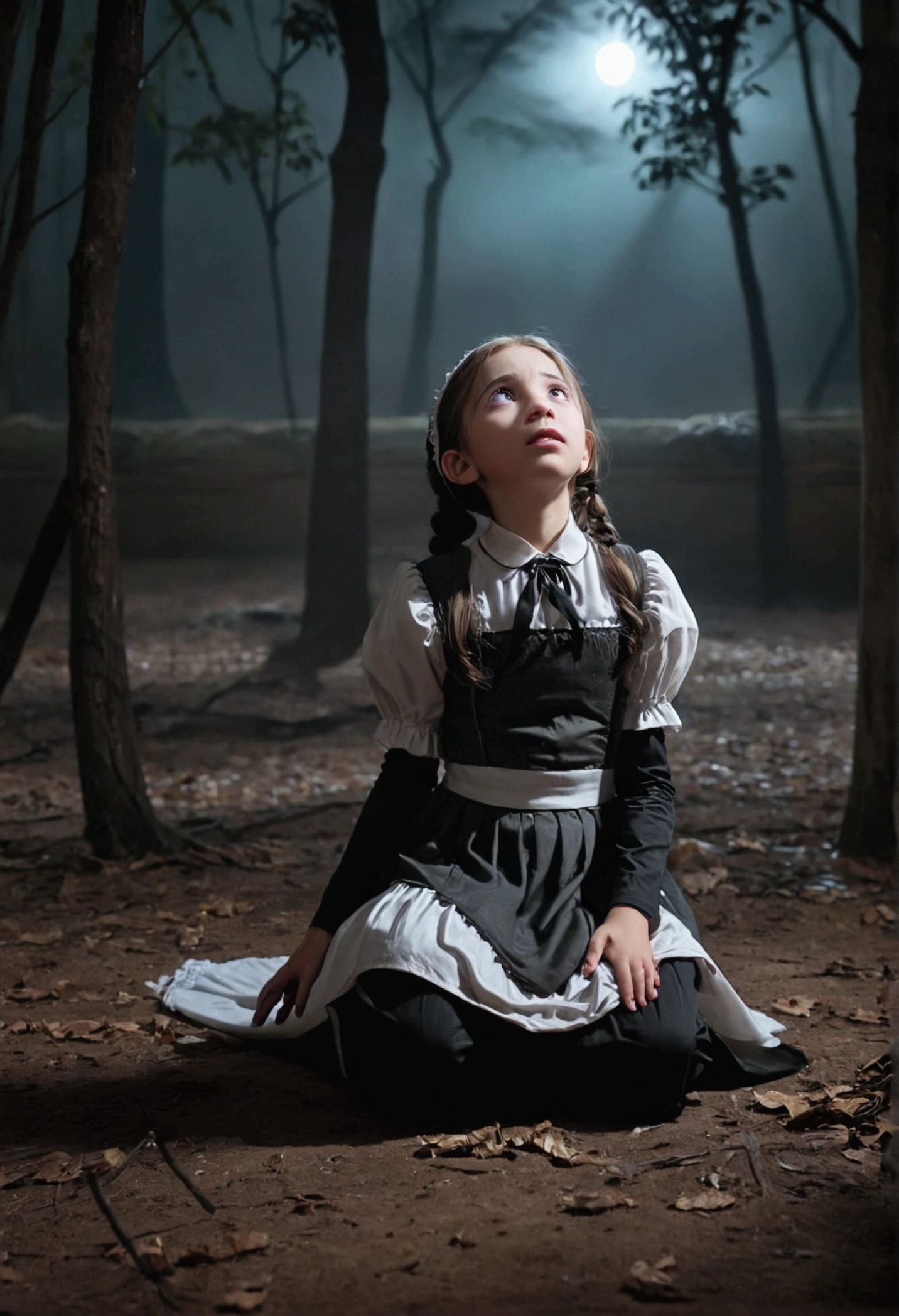 The girl , in a maid outfit,daughter of severus snape, is kneeling on the floor of a dark, abandoned forest. His head is tilted slightly downward, with eyes closed in a gesture of resignation. Su cabello cae en mechones desordenados alrededor de su rostro, y sus manos descansan sobre sus muslos en un gesto de cansancio. Moonlight filters through tree branches, iluminando sutilmente su figura, creando un contraste entre la oscuridad que la rodea y el rayo de esperanza que la toca. A pesar de su postura rendida, His facial expression shows a calm determination and introspective look, as if he were finding strength within himself to rise once again.
