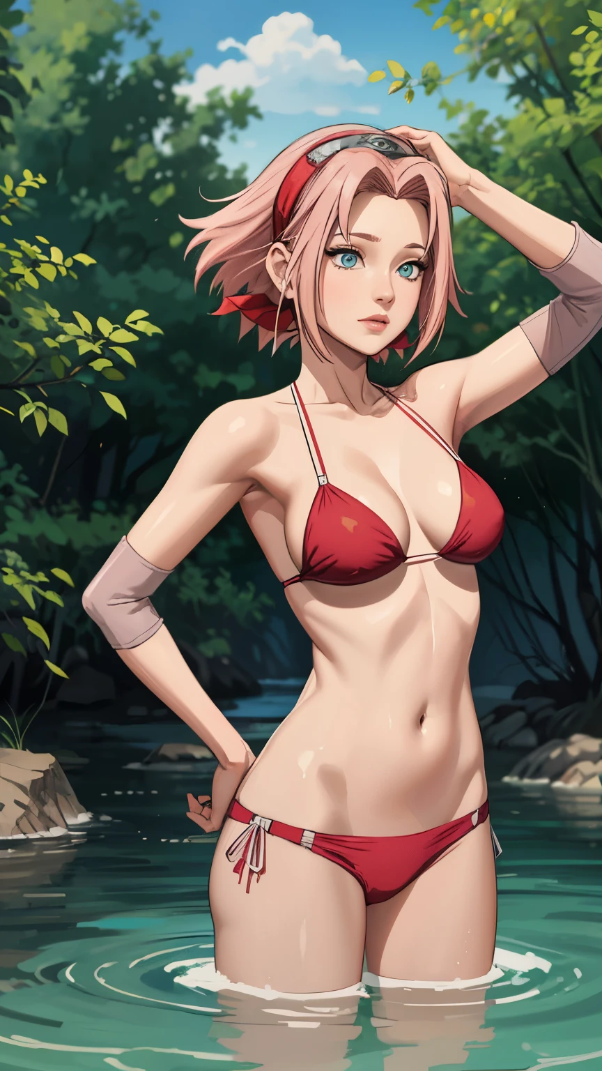 beautiful sakura haruno, with medium breast, lean body, wearing bikini, standing in water, seductive_pose, front view
