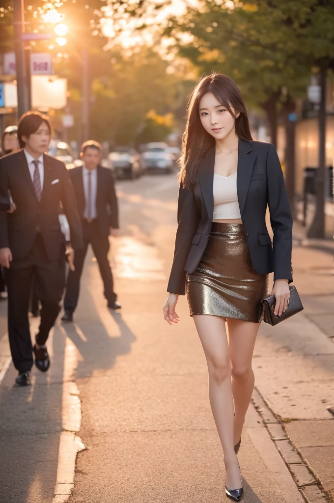 best quality, 8k, very delicate and beautiful, highly detailed face and skin texture, shiny skin, high resolution, sexy japanese girl in suit and tight skirt walking on street at sunset , full body, sharp focus