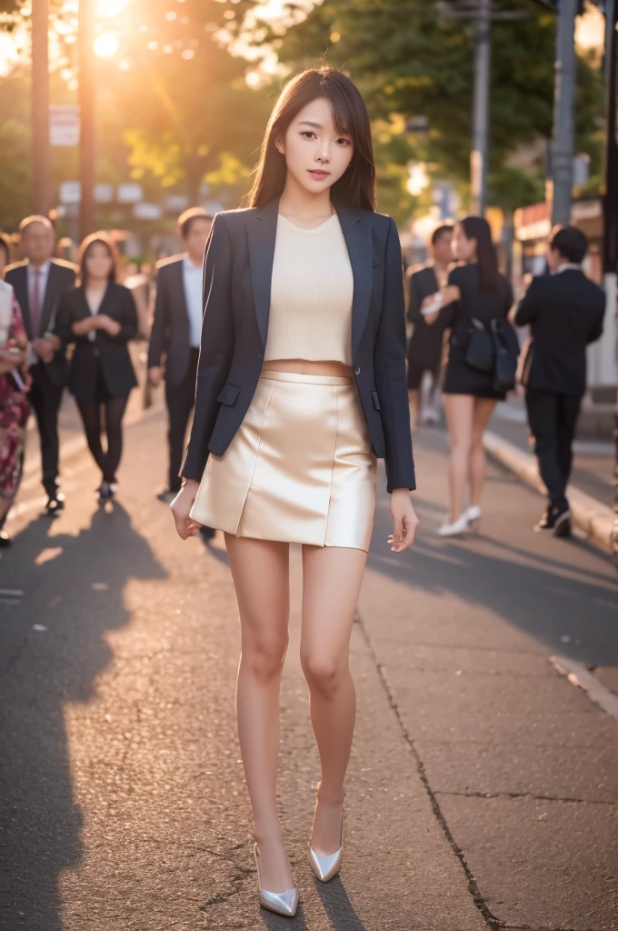 best quality, 8k, very delicate and beautiful, highly detailed face and skin texture, shiny skin, high resolution, sexy japanese girl in suit and tight skirt walking on street at sunset , full body, sharp focus