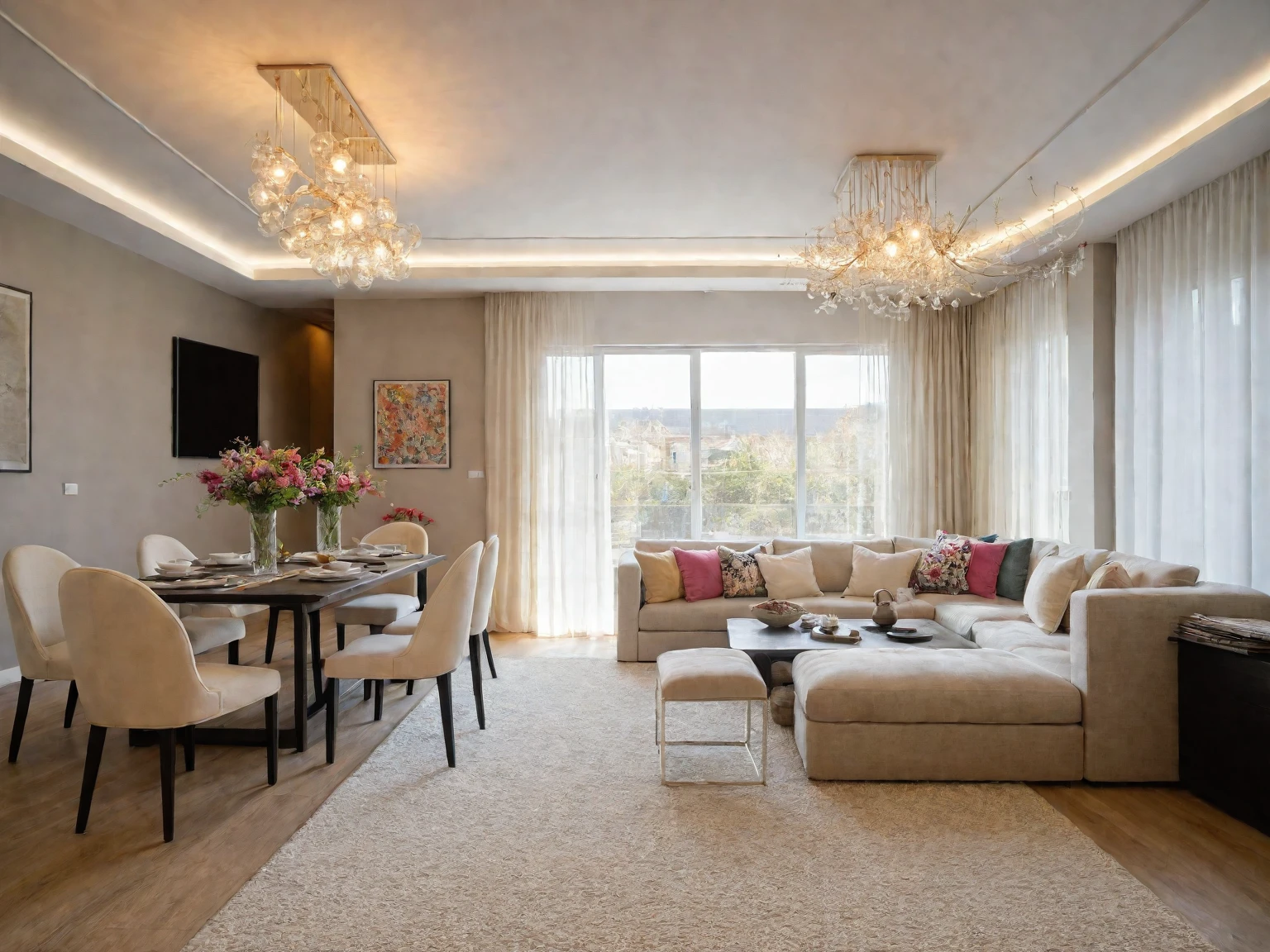 Raw photo, Masterpiece, high quality, best quality, authentic, super detail,
indoors, living room style modern, ceiling lights, chandeliers, sofas with coffee table, pillows, a rug placed under the couch, flower vases on the dining table and coffee table, painting on the rear wall, cream curtain walls, vivid color,