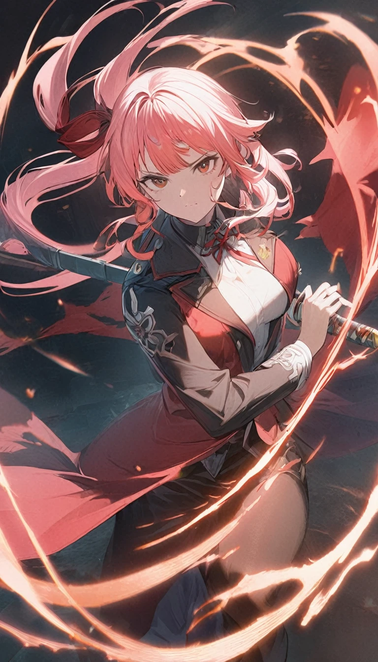 1girl,red curtain hair forehead,glowing katana,red glowing eldritch magic circle, serious,calm perfect body,8k,high definition,
