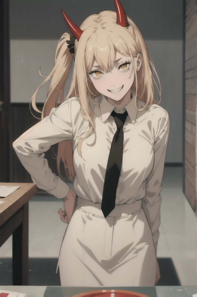(best quality), (masterpiece), (solo), 1girl, power_csm, blonde hair, yellow eyes, cross-shaped pupils, symbol-shaped pupils, red horns, white buttoned shirt, black necktie, sharp teeth, grin,