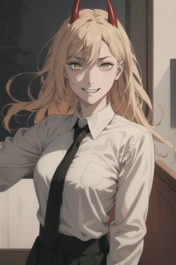 (best quality), (masterpiece), (solo), 1girl, power_csm, blonde hair, yellow eyes, cross-shaped pupils, symbol-shaped pupils, red horns, white buttoned shirt, black necktie, sharp teeth, grin, 