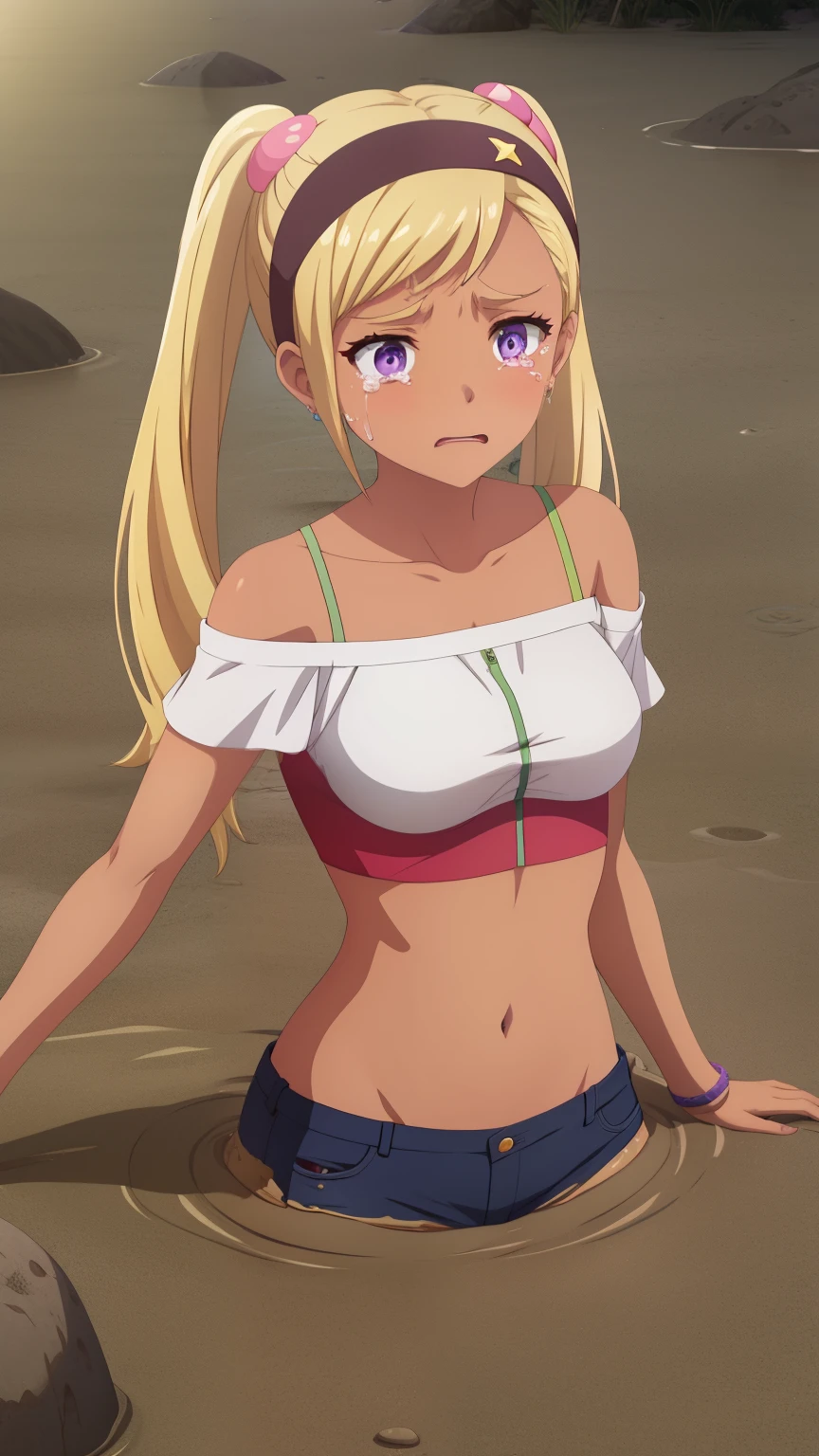 QUITTERIE RAFFAELI, LONG HAIR, BLONDE HAIR, TWINTAILS, PURPLE EYES, HAIRBAND, DARK SKIN, DARK-SKINNED girl, JEWELRY, EARRINGS, 1girl, solo, masterpiece, illustration, game CG, absurdres, highly detailed, collarbone, upset, tears in her eyes, (quicksand, partially submerged), crop top, off the shoulder