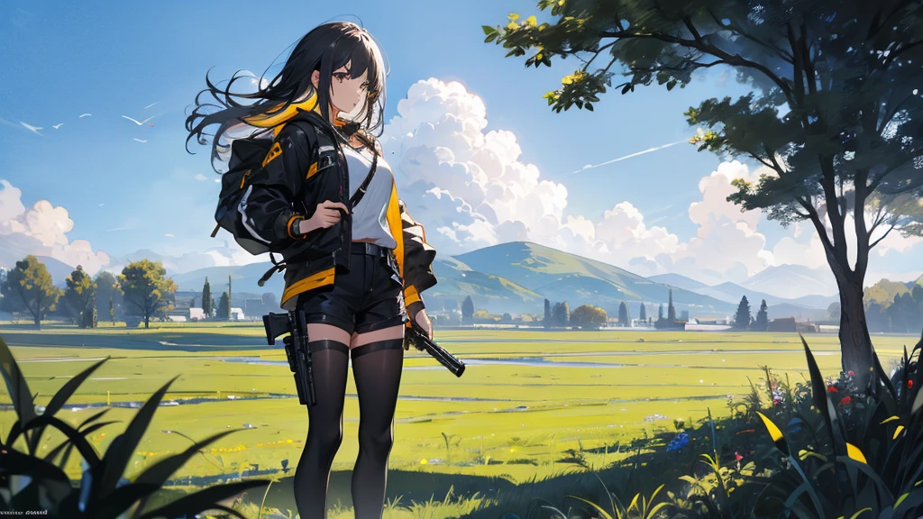 Girl holding a gun on the grass