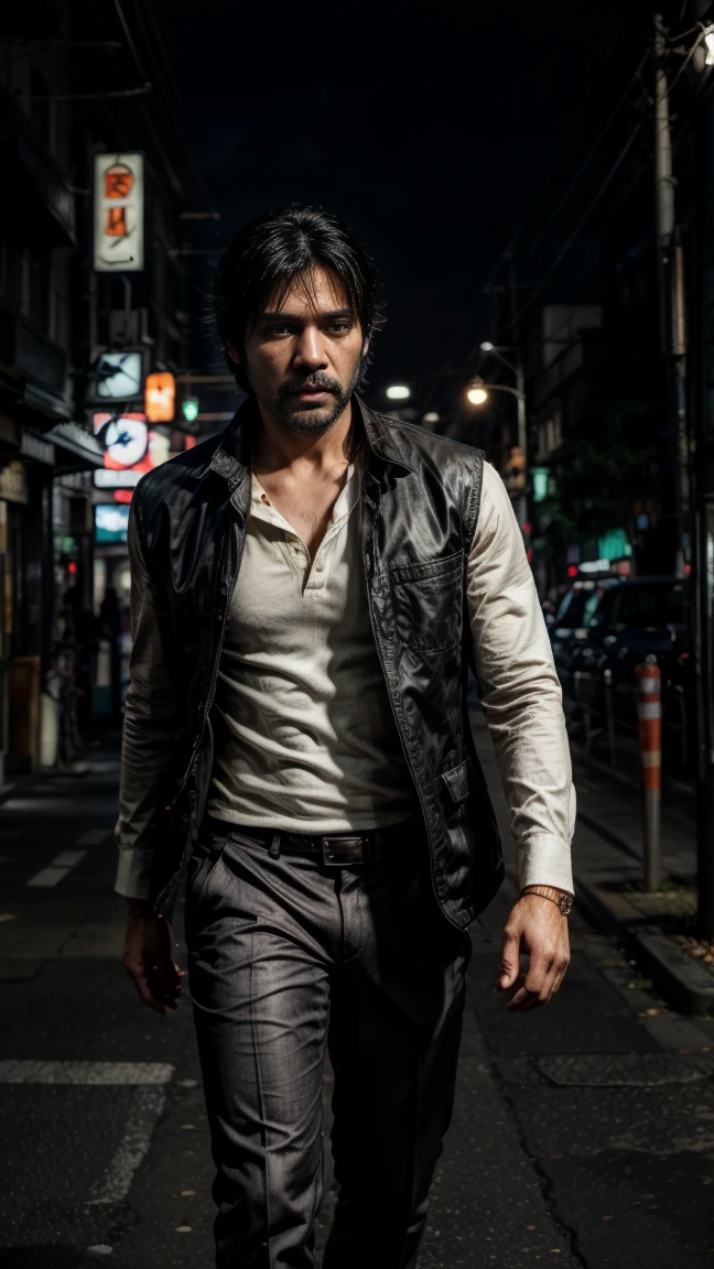 (Highest quality, Ultra HD, 16k, Masterpiece) Pawan Kalyan, portraying a character akin to John Wick, strides with purpose through the neon-lit streets of Tokyo at night. The shot is a medium view that captures him and the vibrant cityscape around him. Pawan Kalyan has a stoic and determined expression, his rugged features highlighted by subtle shadows and the glow of city lights. His hair is swept back, adding to his sharp and focused demeanor. He is dressed in a sleek, tailored suit that exudes both elegance and lethality. The suit, dark in color, fits him perfectly, accentuating his athletic physique. Underneath the jacket, he wears a crisp dress shirt with an open collar, revealing a hint of a tactical vest and holster harness underneath. His pants are tailored for movement, paired with polished leather shoes that reflect the city's lights with each step. Pawan Kalyan holds a customized pistol in one hand, the weapon gleaming under the neon lights, held in a stylized and confident manner akin to John Wick's iconic pose. His other hand rests casually in his pocket, a subtle yet powerful gesture that adds to his aura of calm readiness. In the background, Tokyo's streets buzz with life, illuminated by a myriad of neon signs and bustling with a blend of traditional and modern architecture. The city skyline looms in the distance, a testament to its vibrant and dynamic atmosphere. The shot captures the essence of urban elegance and danger, with Pawan Kalyan's presence as the focal point amidst the city's nocturnal energy. The lighting is cinematic, with contrasts that emphasize both the sharp lines of his attire and the depth of the urban backdrop. The overall scene encapsulates the essence of a modern-day warrior navigating a world where danger lurks around every corner, blending style with lethal precision. Zoomed out shot, long shot, (((long shot)))