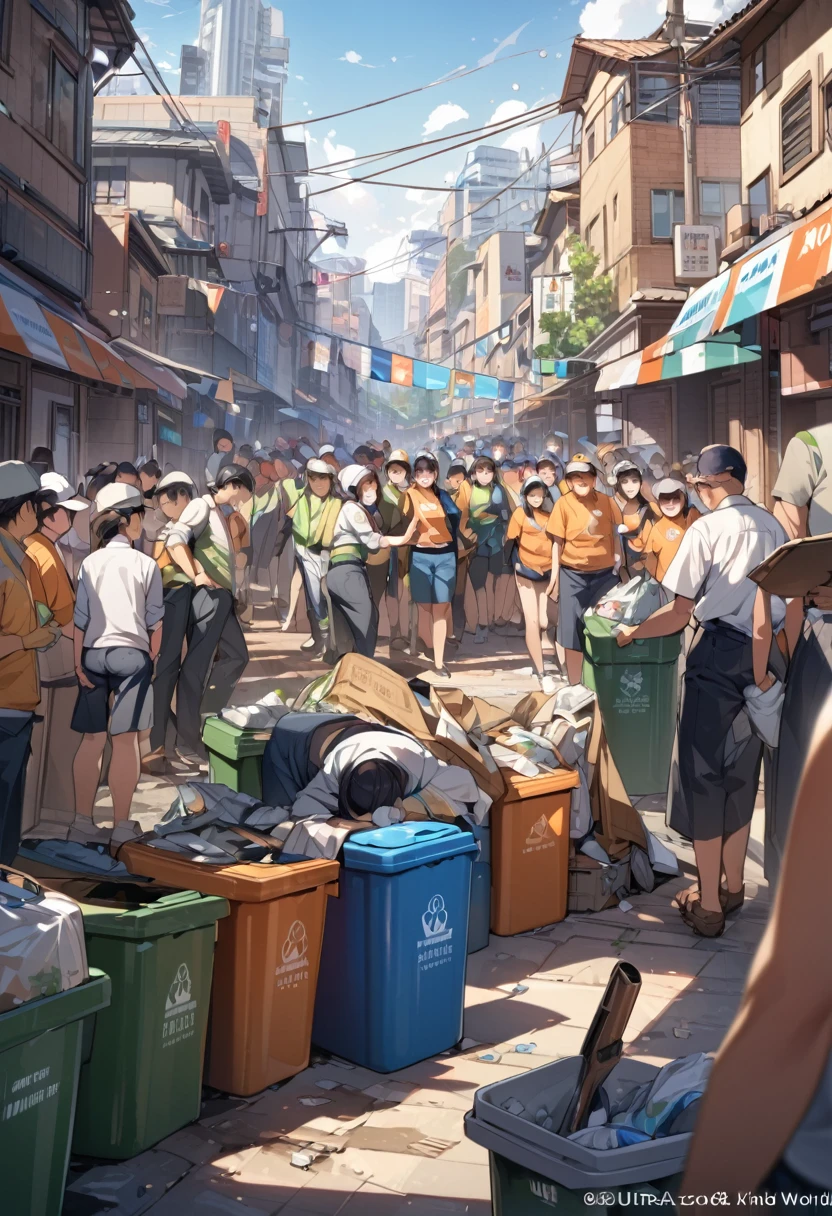 Ultra HD, 8K quality, ultra sharp, masterpiece, best quality, 20's, solid waste containers in various places, volunteer work, kind world, lots of people